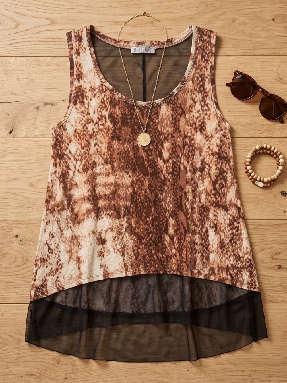 Jennifer Lopez Brown Snake-Print Tank with Black Mesh Hem